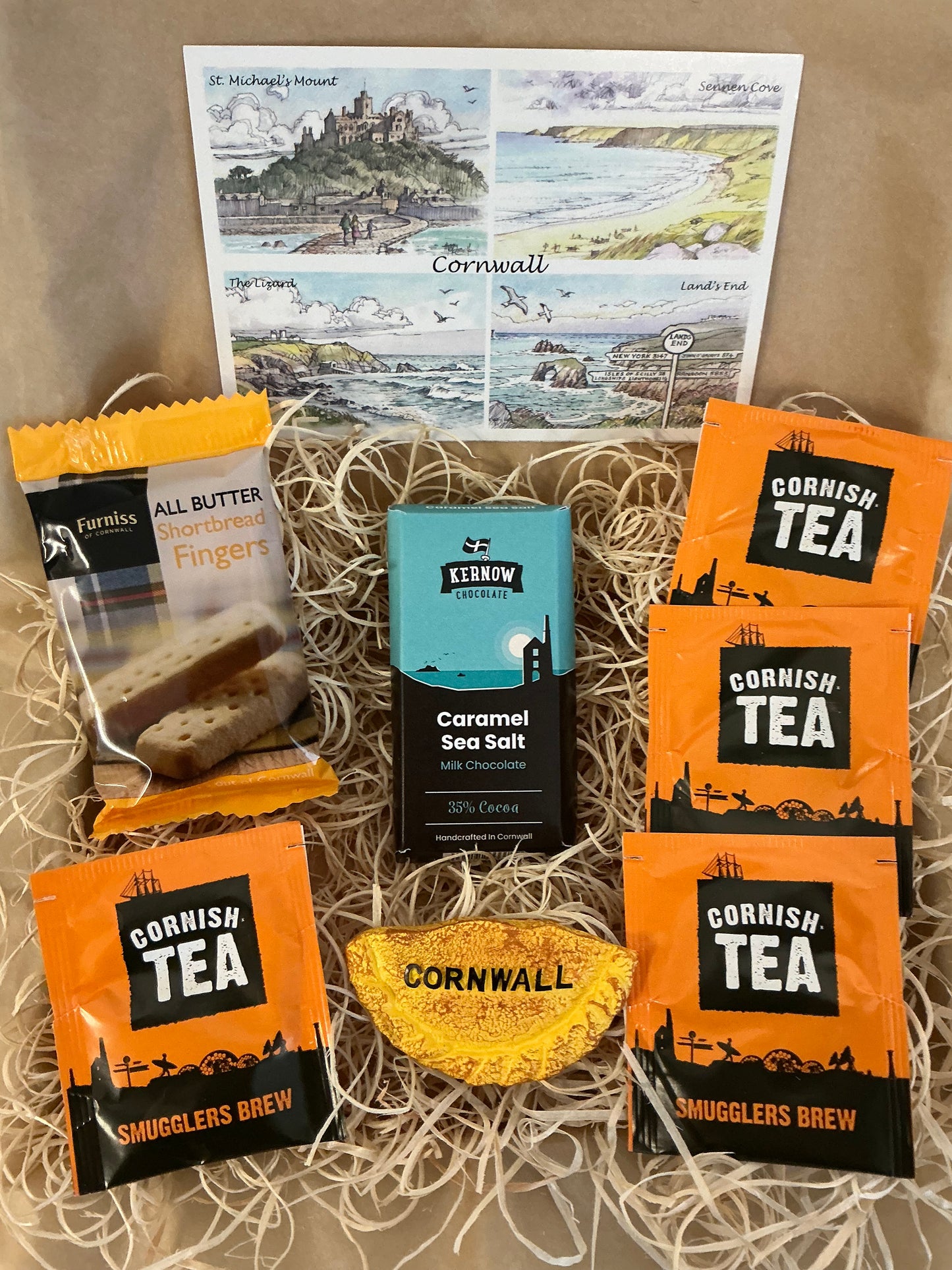 Caramel sea salt mini chocolate bar Gift box with shortbread and tea or coffee. Choose a fridge magnet