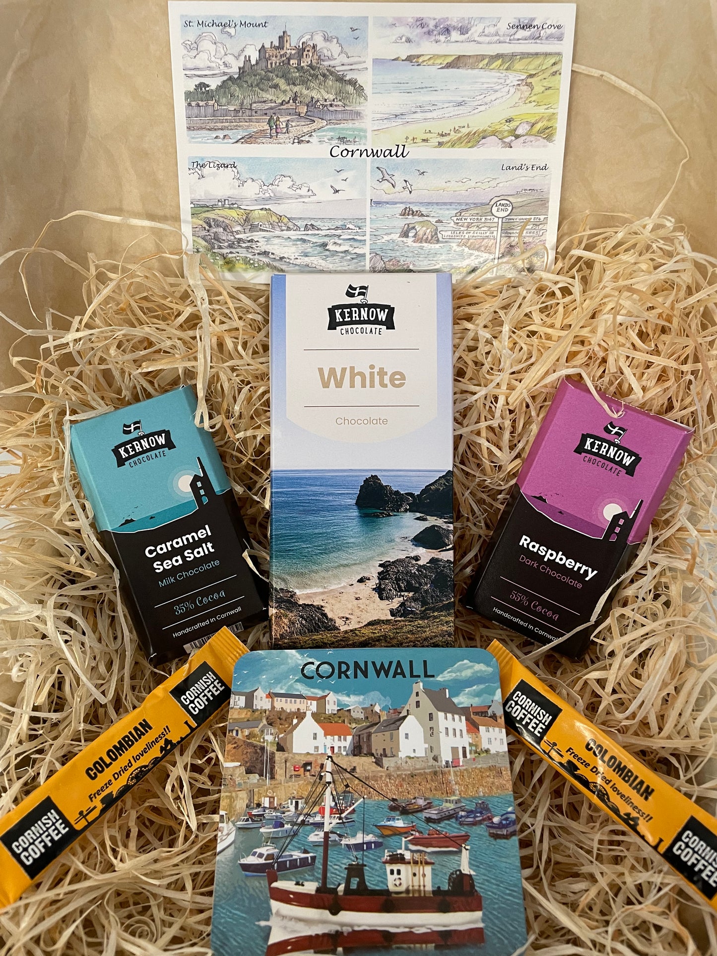 White chocolate with raspberry dark chocolate and caramel sea salt chocolate gift box, with cup coaster of your choice