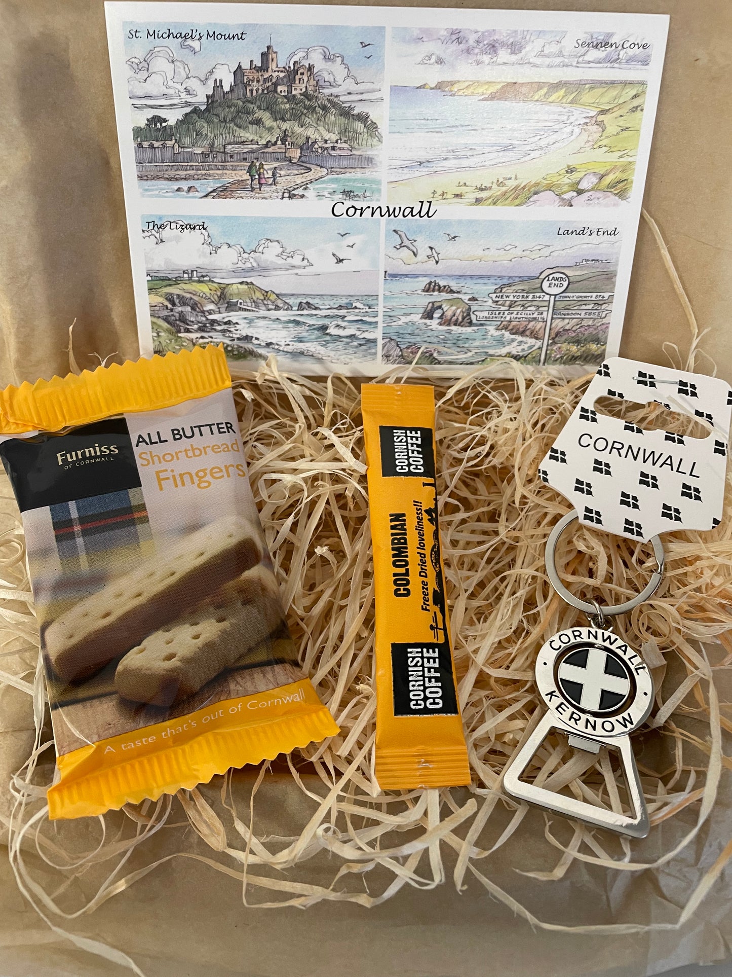 Cornwall bottle opener keyring with shortbread gift box