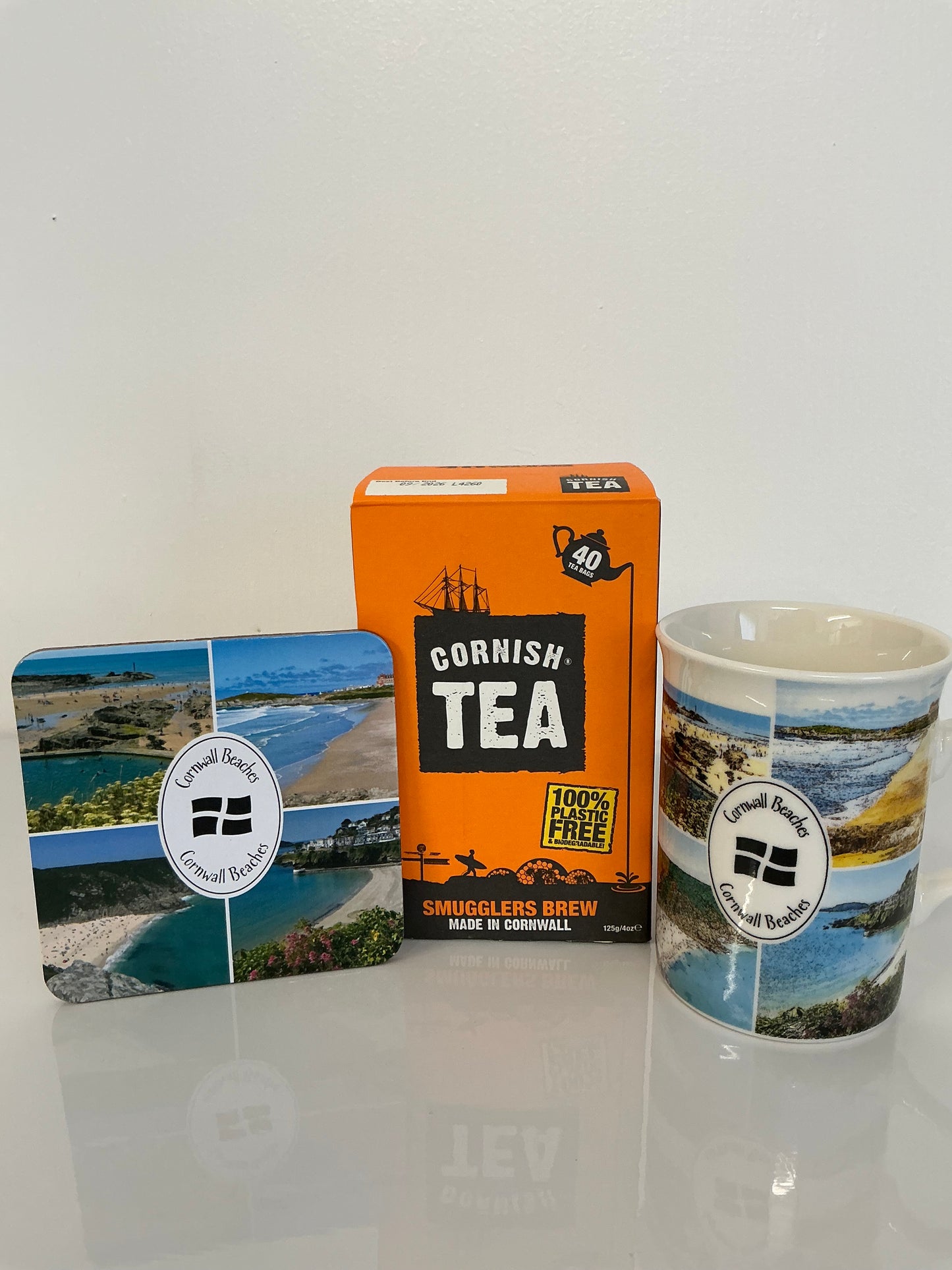 Cornwall beaches mug and coaster gift box with 40 Cornish tea bags