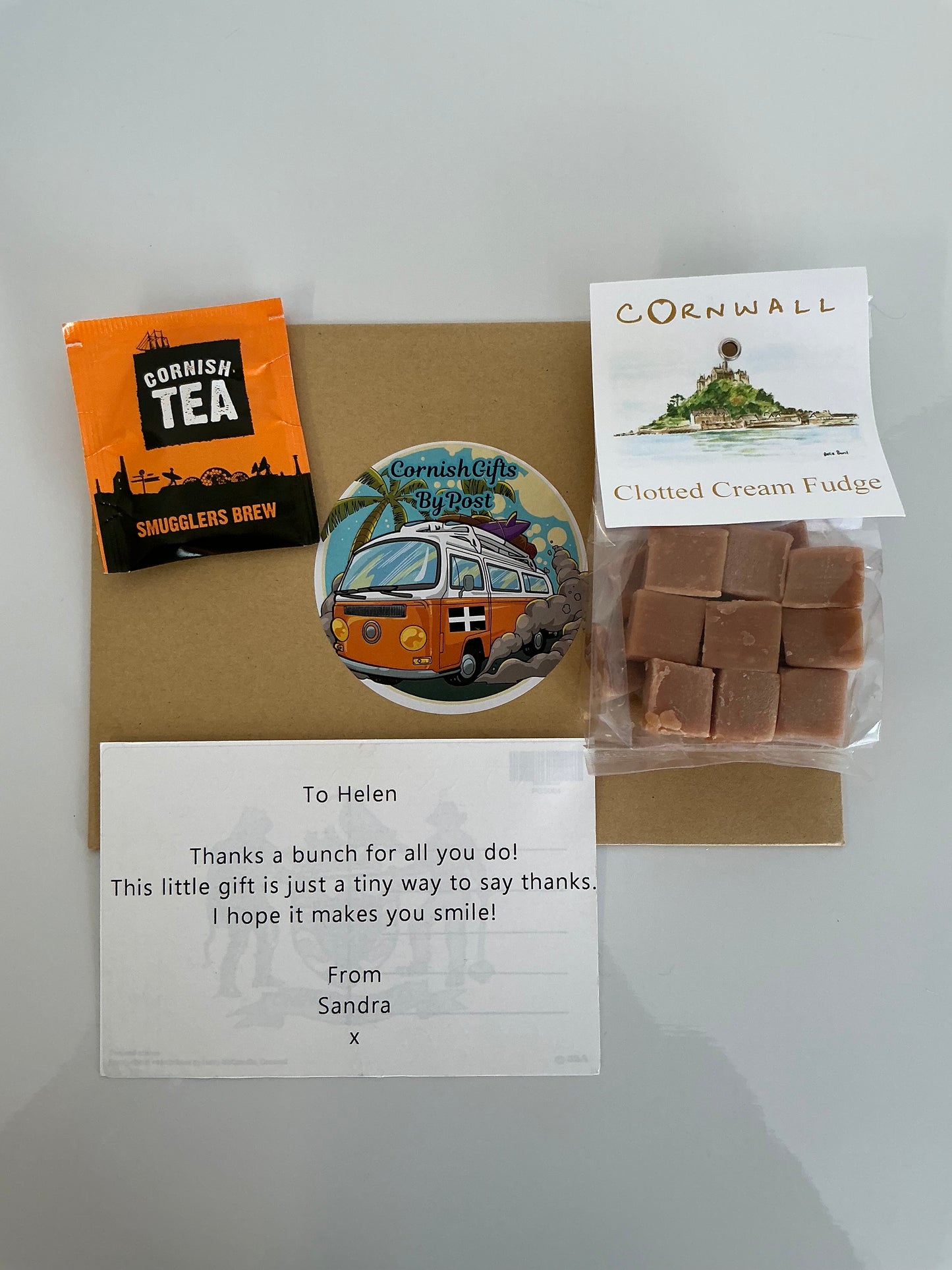 Cornish clotted cream fudge 150g with tea or coffee and personalised Cornwall postcard