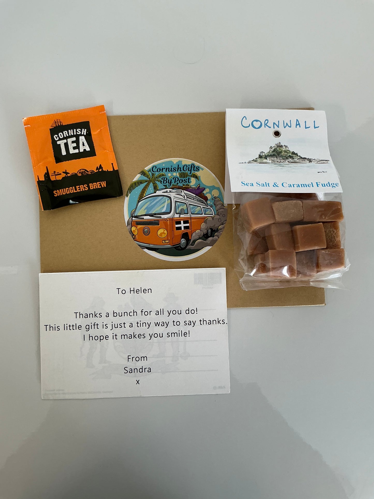 Cornish sea salt caramel fudge 150g with tea or coffee and personalised Cornwall postcard