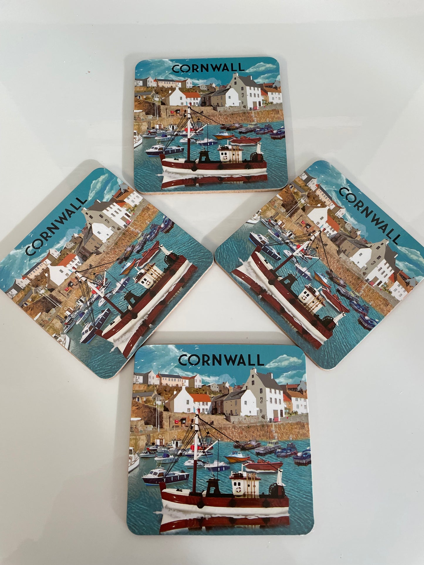 Cornwall harbour tea towel with matching coin purse and 4 coaster gift box set