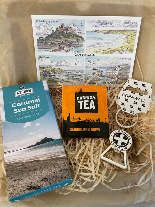 Cornwall bottle opener keyring with caramel sea salt chocolate gift box
