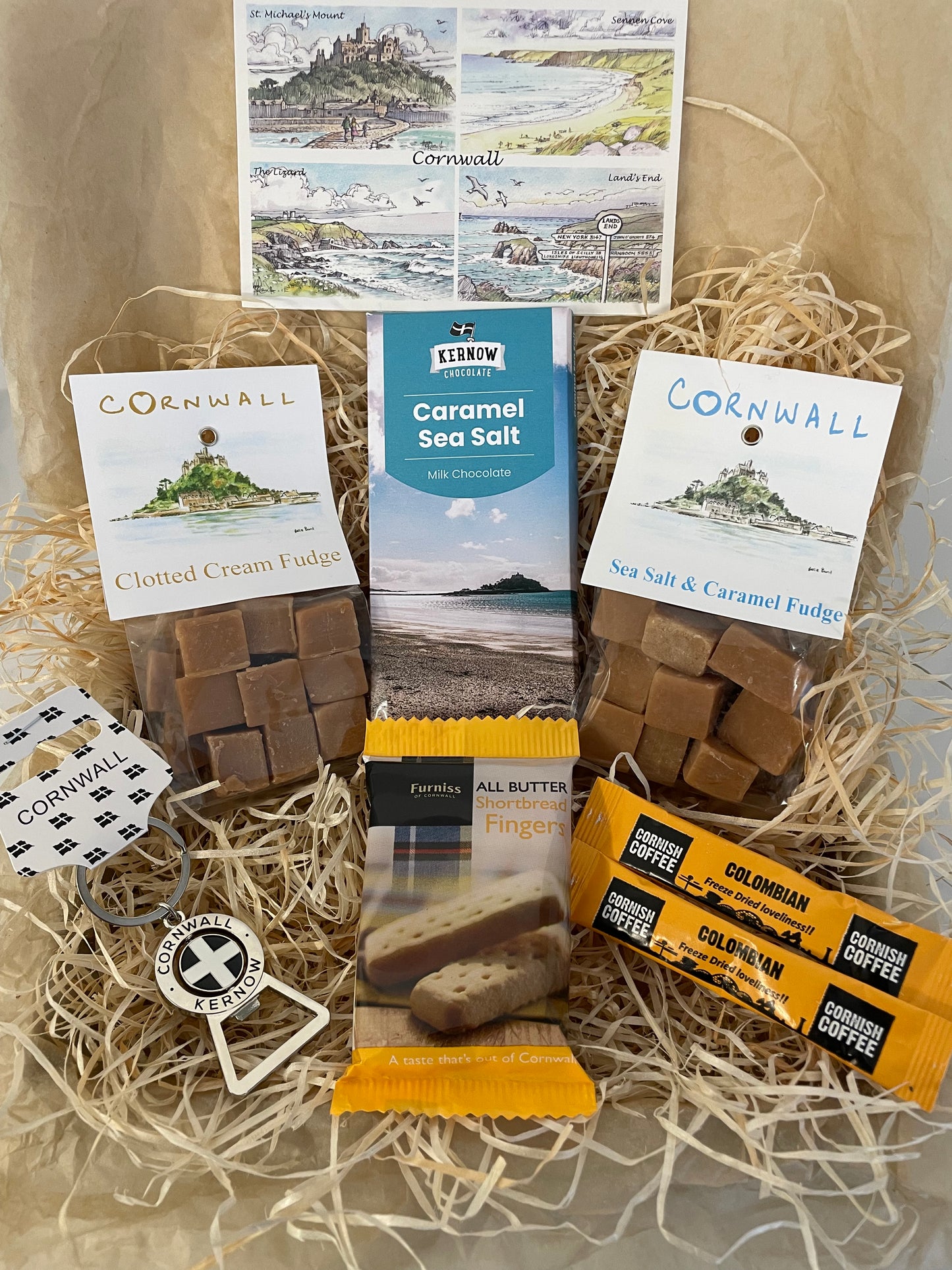 Keyring bottle opener gift box with fudge and chocolate of your choice