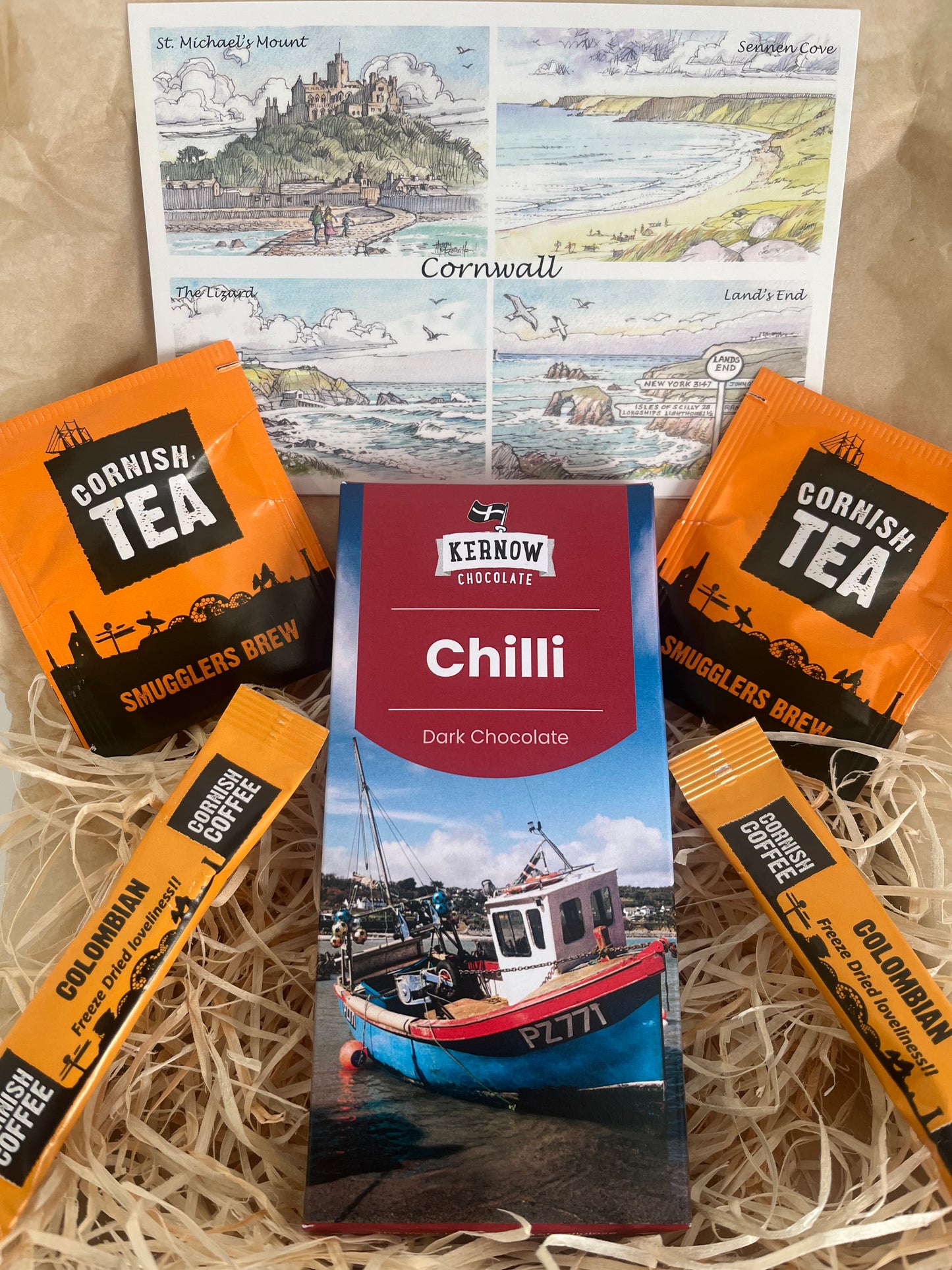 Cornish Chilli dark chocolate with Cornish tea or coffee gift box