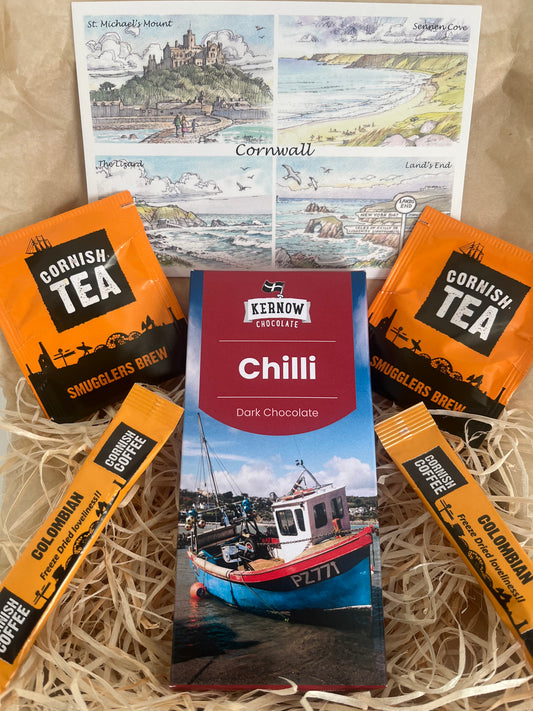 Cornish Chilli dark chocolate with Cornish tea or coffee gift box
