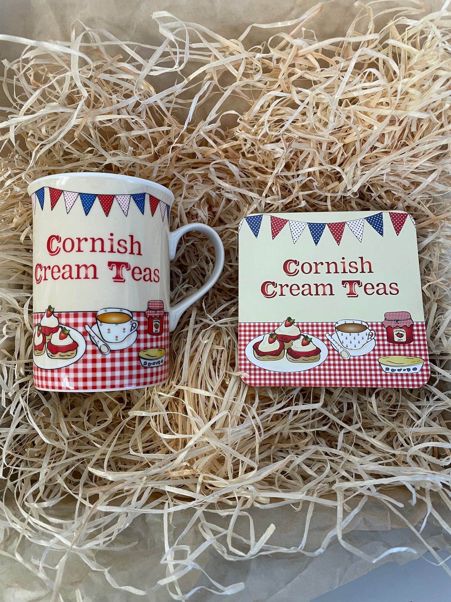 Cornish Cream tea mug and coaster set with Clotted cream shortbread, with a choice of fridge magnet