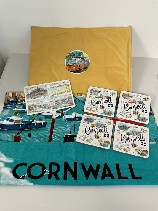 Cornwall tea towel with 4 Cornwall landmarks coasters and a personalised Cornwall postcard