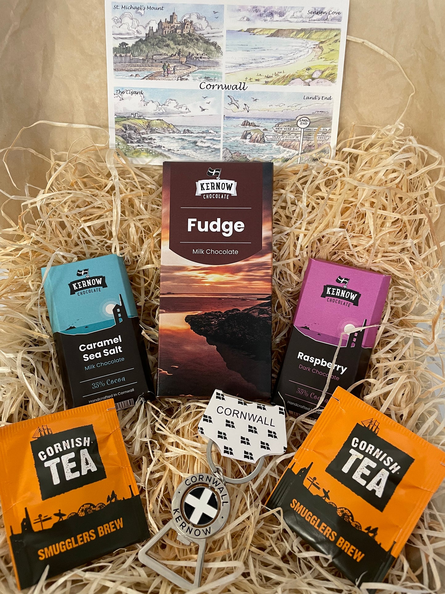 Fudge chocolate with raspberry dark chocolate and caramel sea salt chocolate gift box, with keyring bottle opener