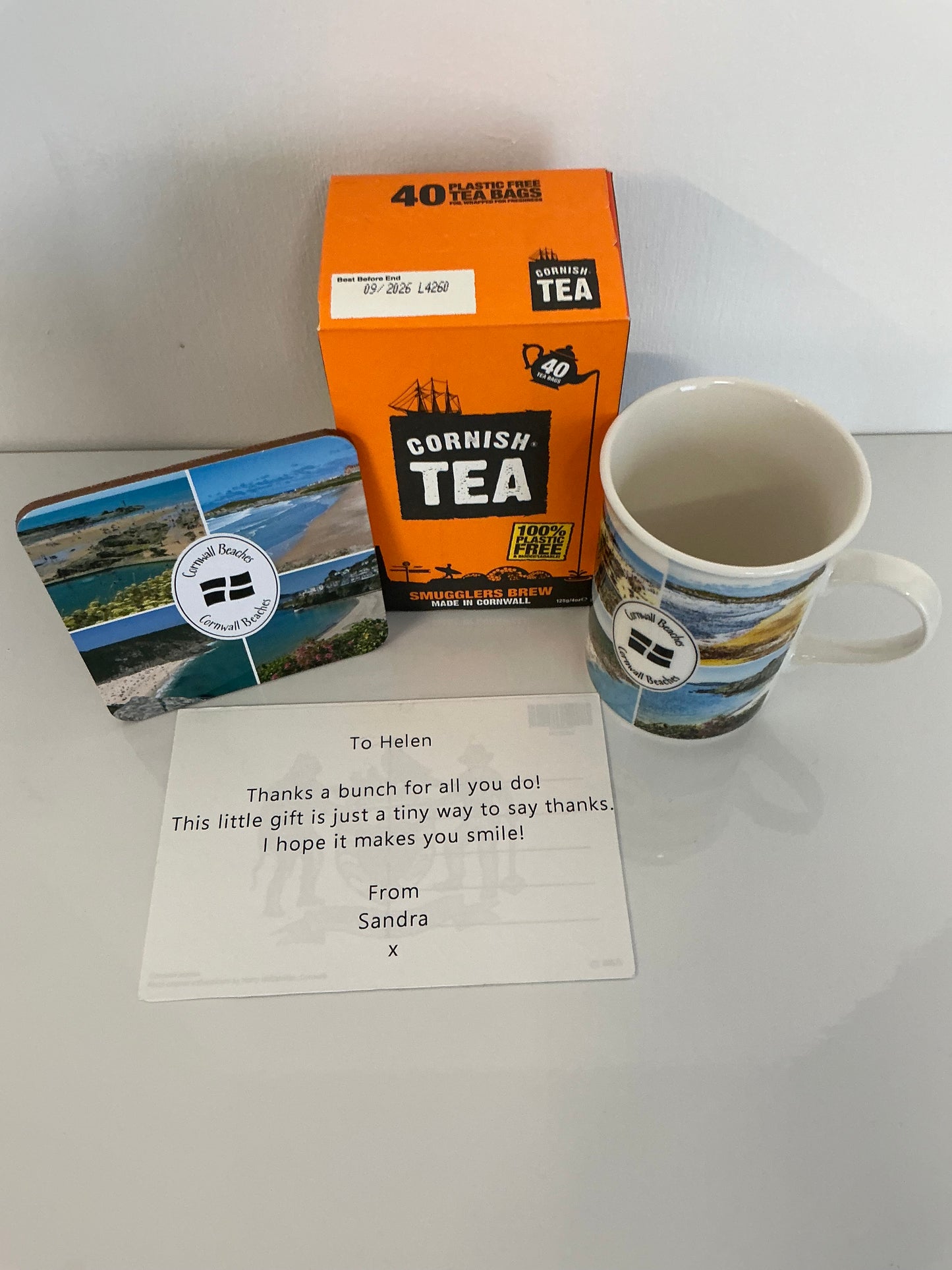 Cornwall beaches mug and coaster gift box with 40 Cornish tea bags