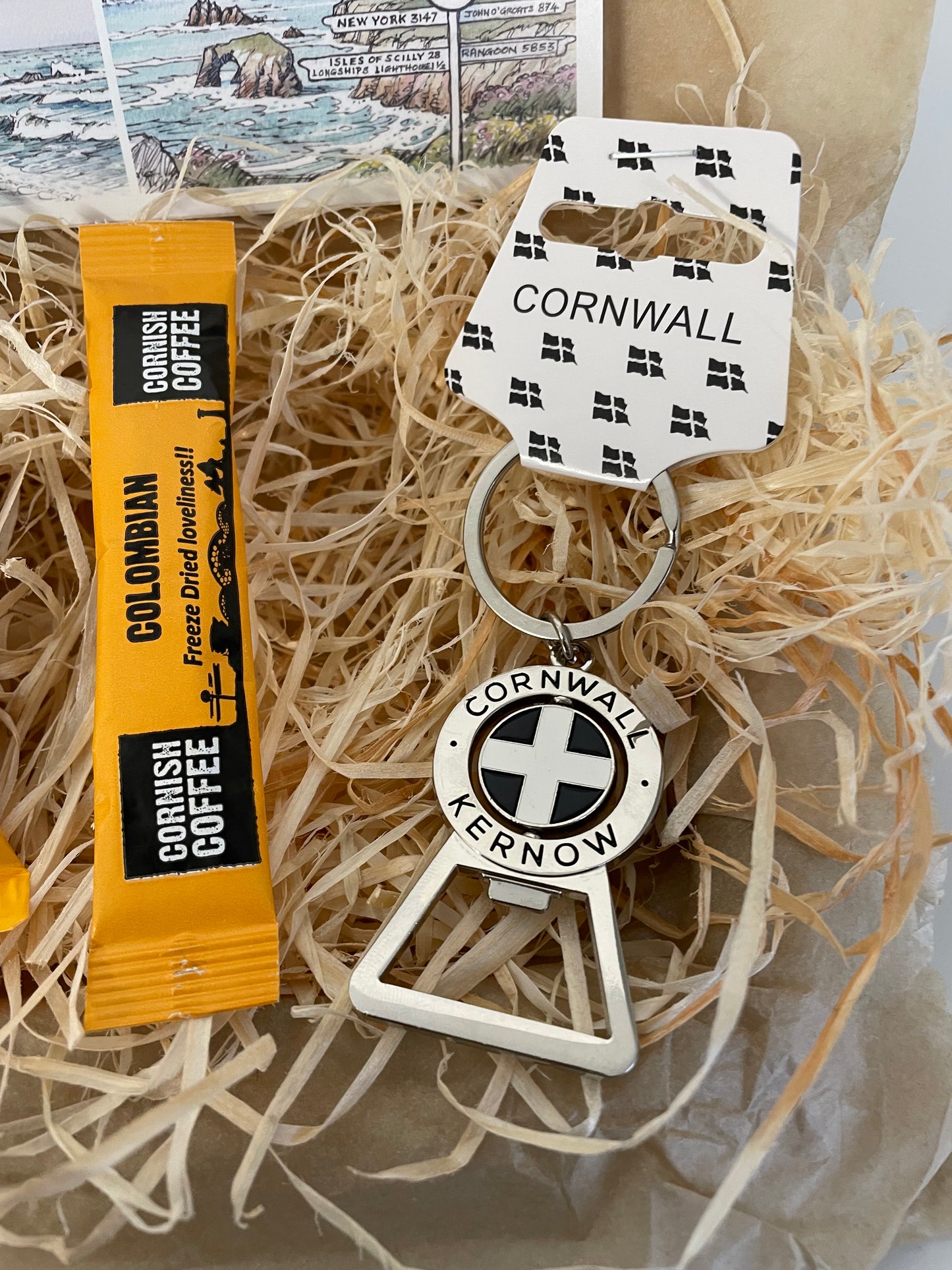 Cornwall bottle opener keyring with shortbread gift box