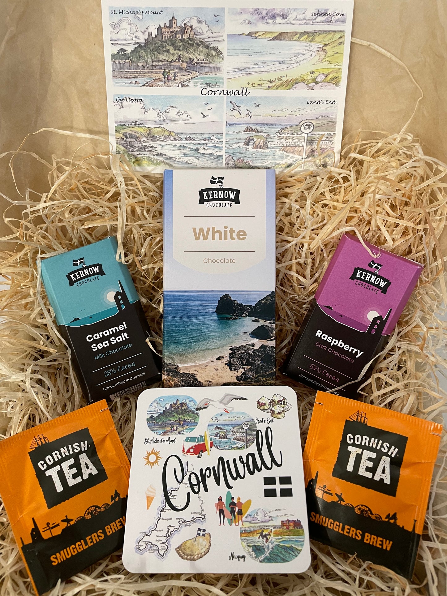 White chocolate with raspberry dark chocolate and caramel sea salt chocolate gift box, with cup coaster of your choice