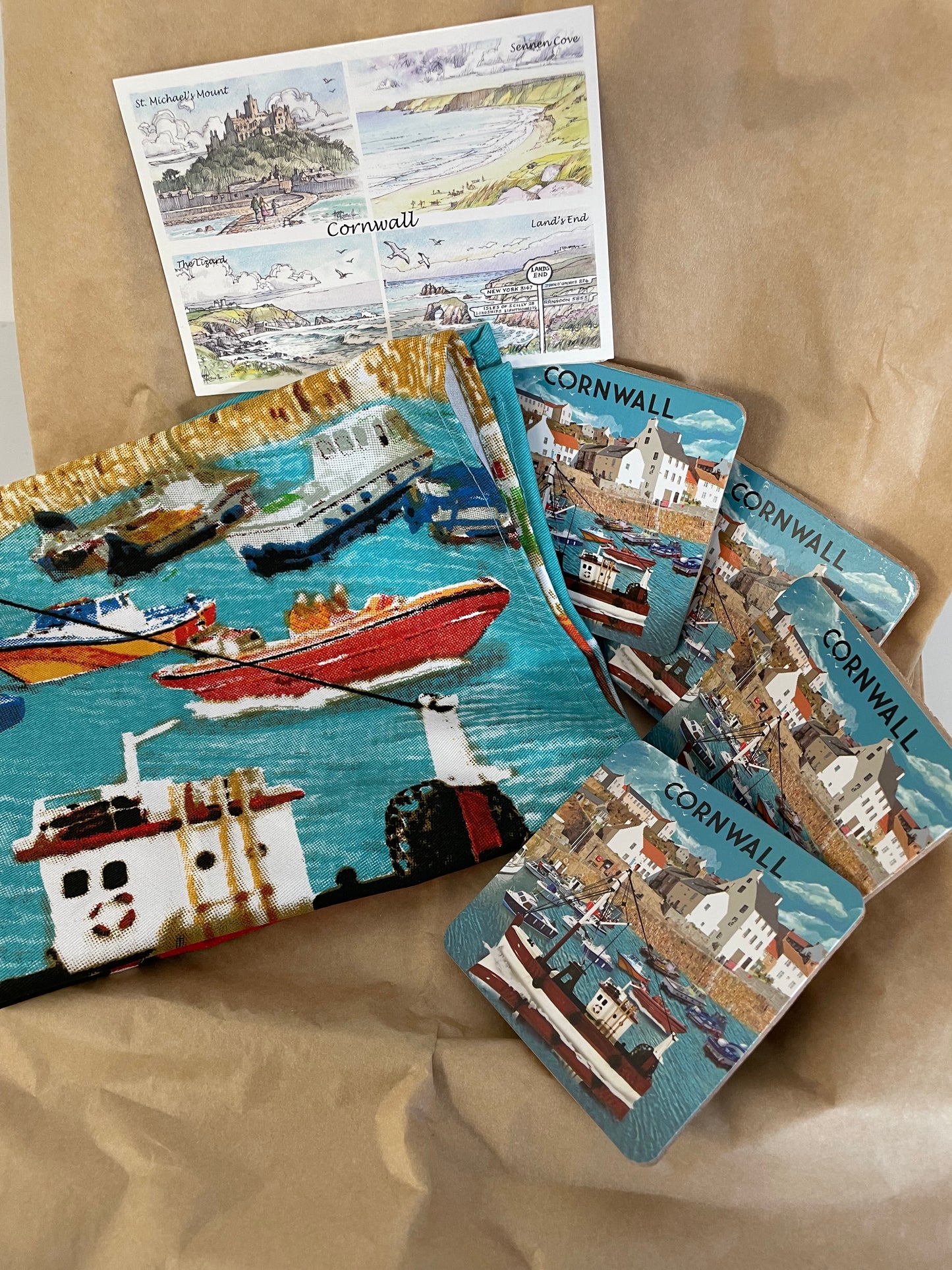 Cornwall harbour tea towel and coaster set of 4 Cornwall harbour coasters gift box
