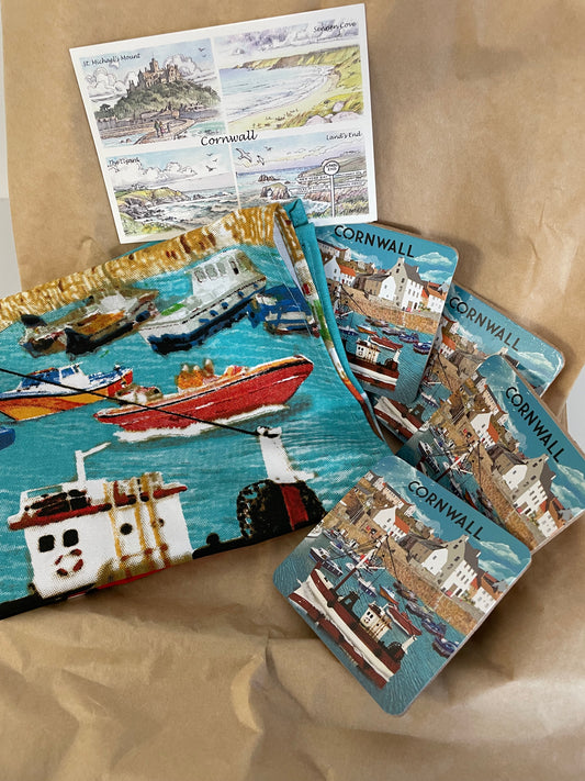 Cornwall harbour tea towel and coaster set of 4 Cornwall harbour coasters gift box