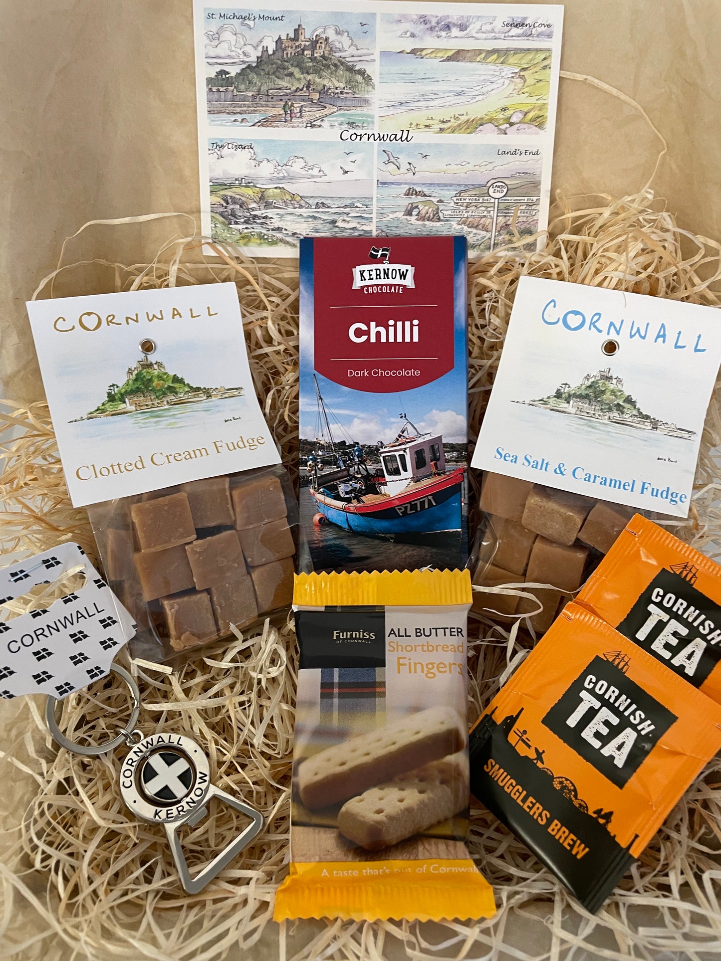 Keyring bottle opener gift box with fudge and chocolate of your choice