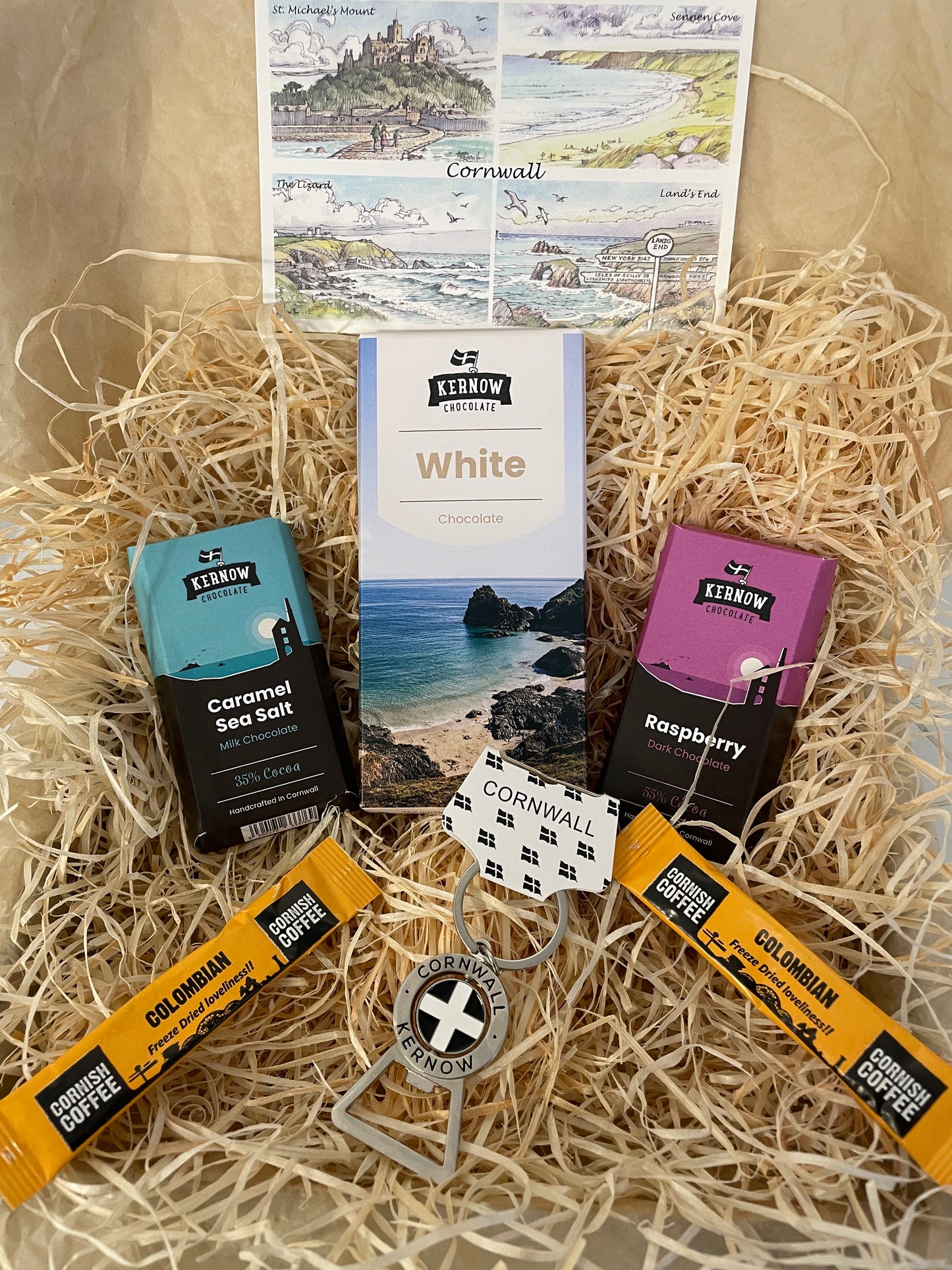 White chocolate with raspberry dark chocolate and caramel sea salt chocolate gift box, with keyring bottle opener