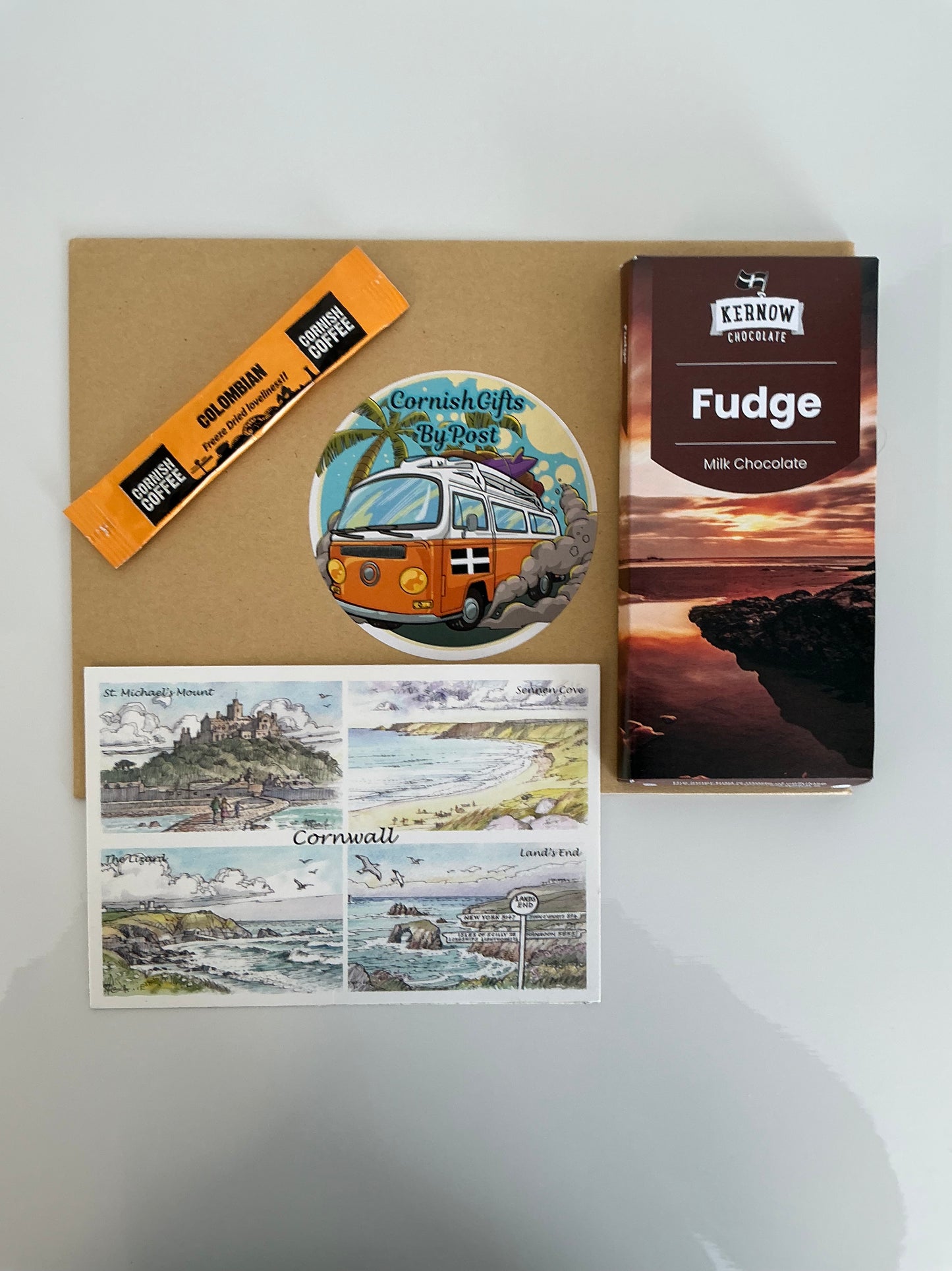 Fudge chocolate with tea or coffee and a personalised Cornwall postcard