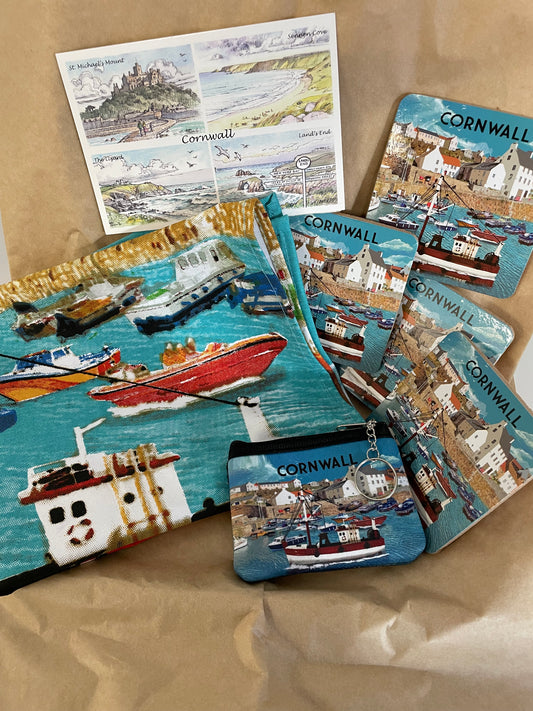 Cornwall harbour tea towel with matching coin purse and 4 coaster gift box set