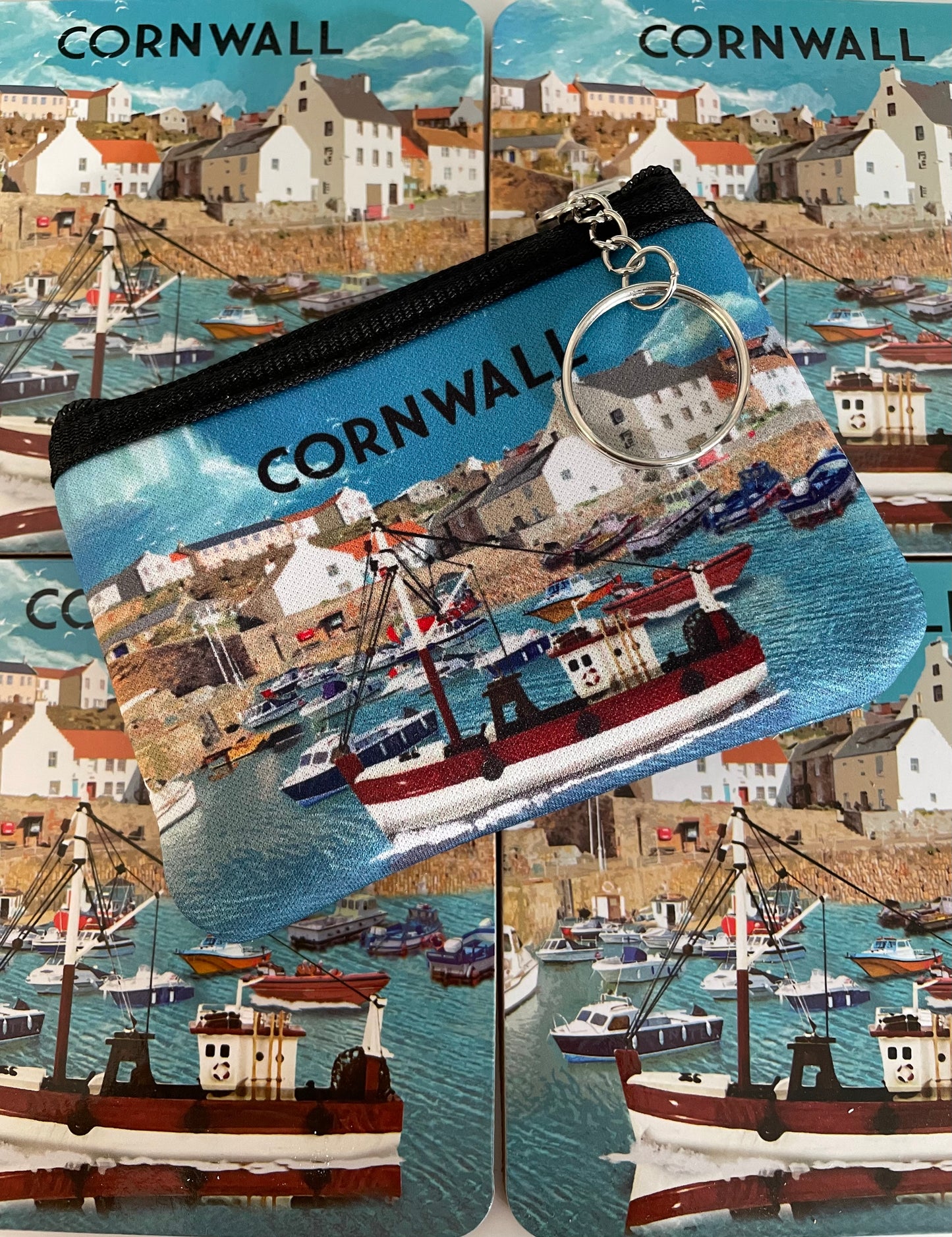 Cornwall harbour tea towel with matching coin purse and 4 coaster gift box set