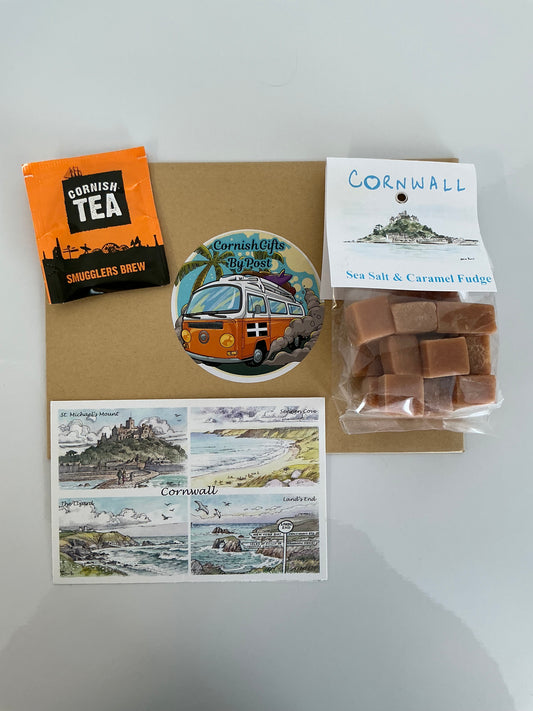 Cornish sea salt caramel fudge 150g with tea or coffee and personalised Cornwall postcard