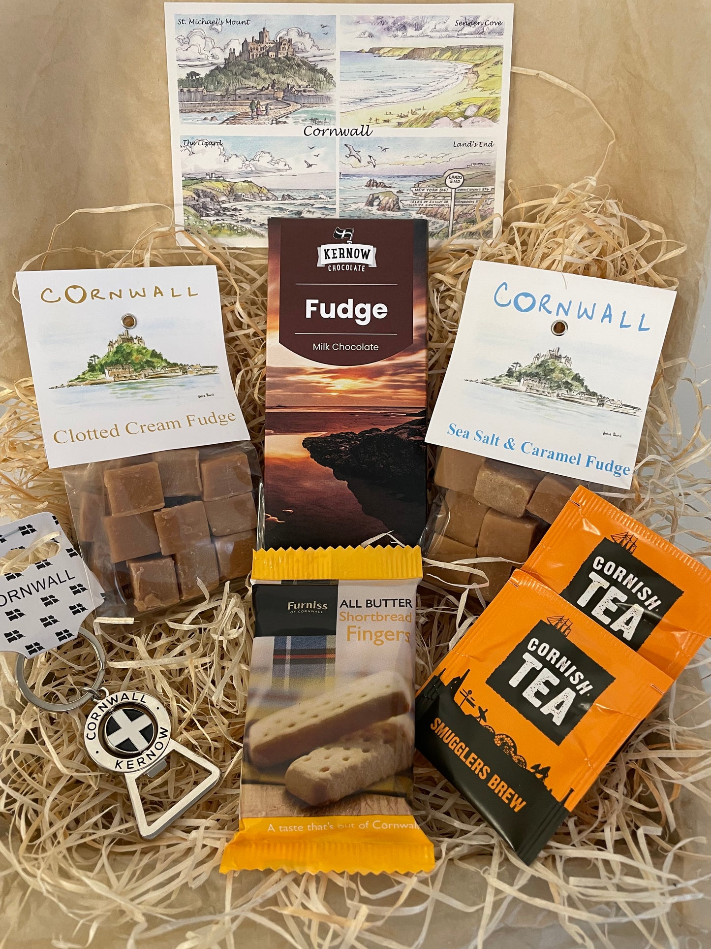 Keyring bottle opener gift box with fudge and chocolate of your choice