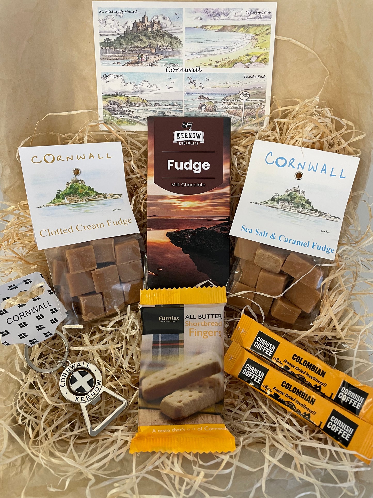 Keyring bottle opener gift box with fudge and chocolate of your choice