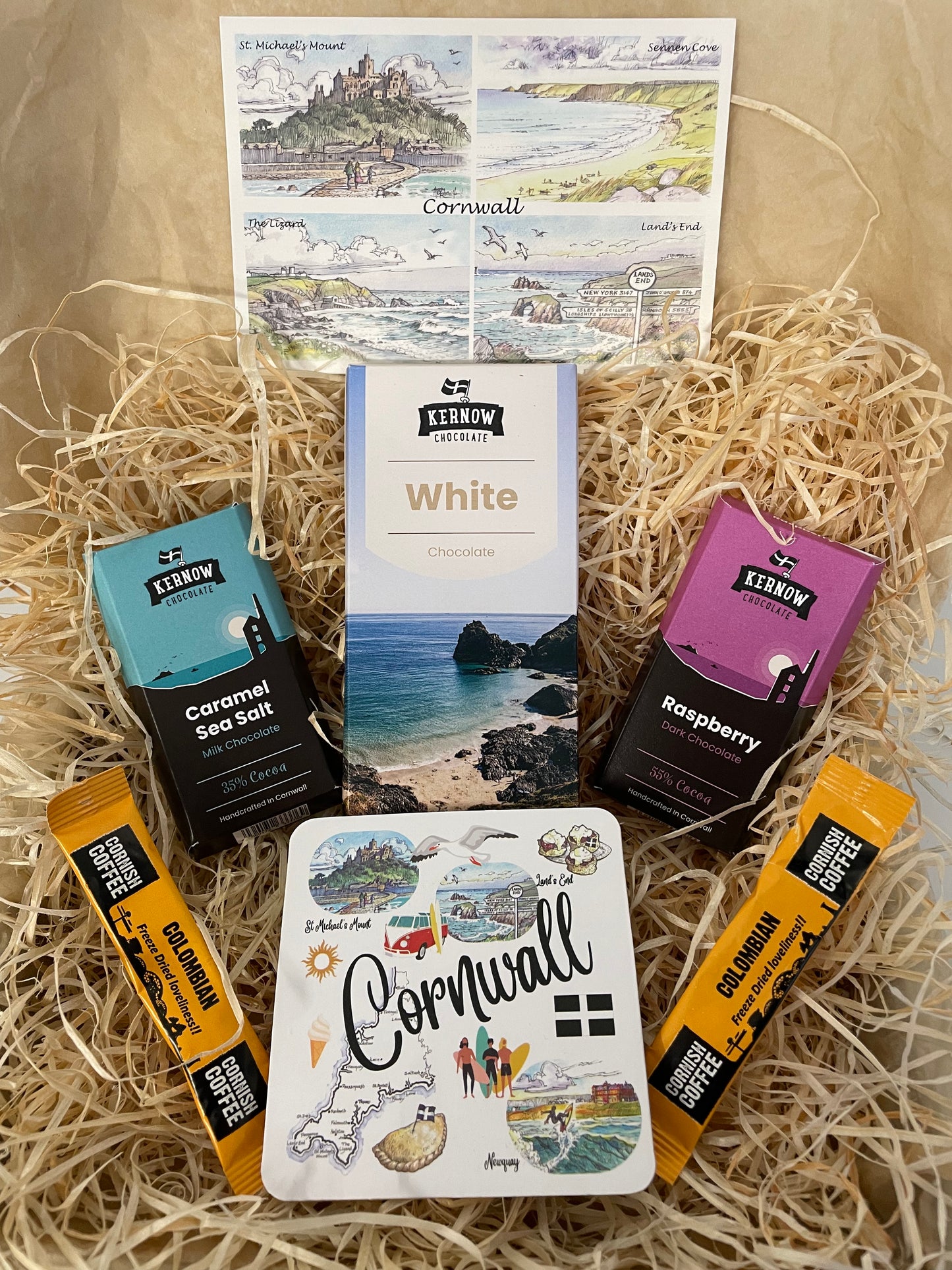 White chocolate with raspberry dark chocolate and caramel sea salt chocolate gift box, with cup coaster of your choice