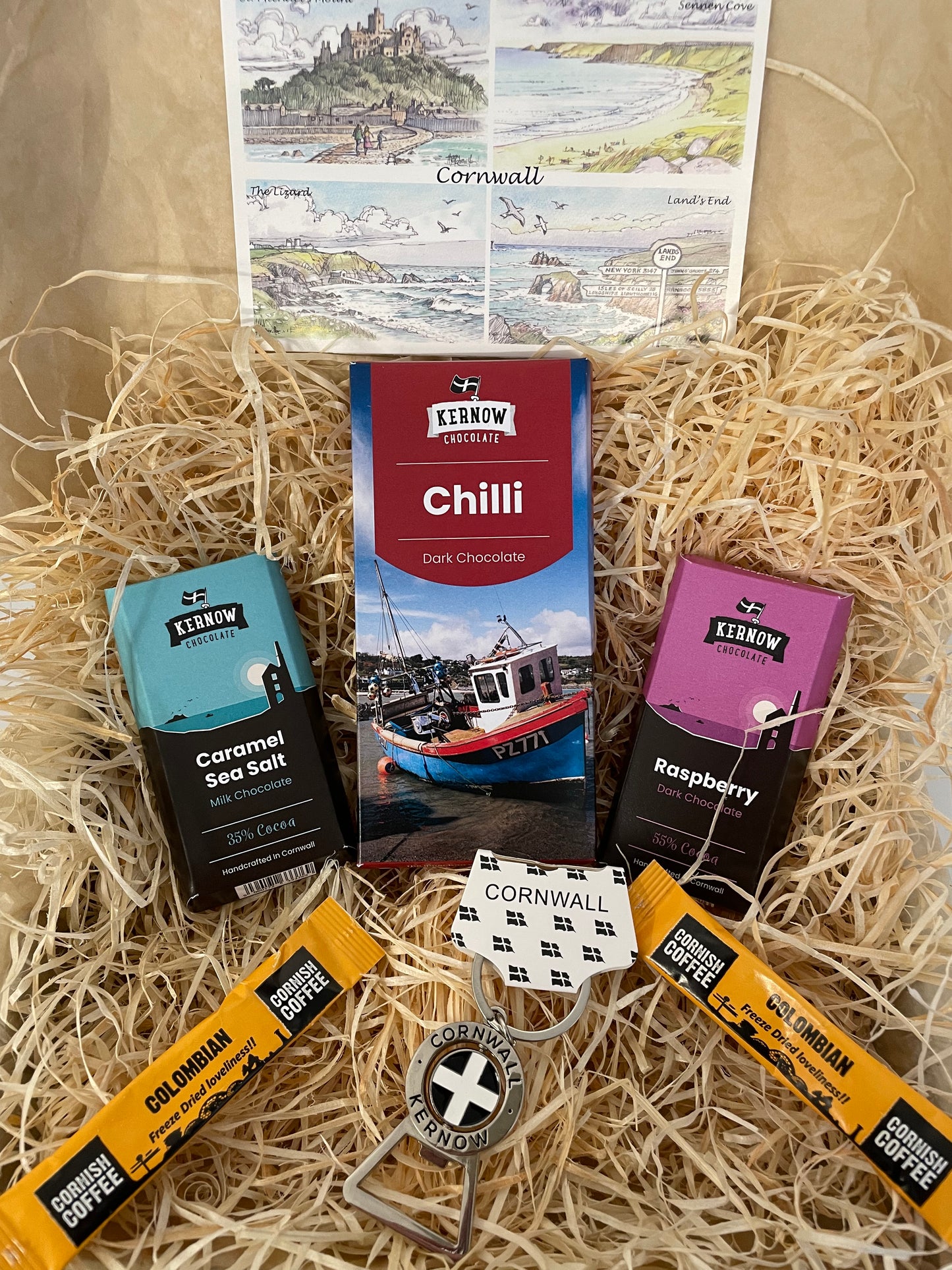 Chilli dark chocolate with raspberry dark chocolate and caramel sea salt chocolate gift box, with keyring bottle opener