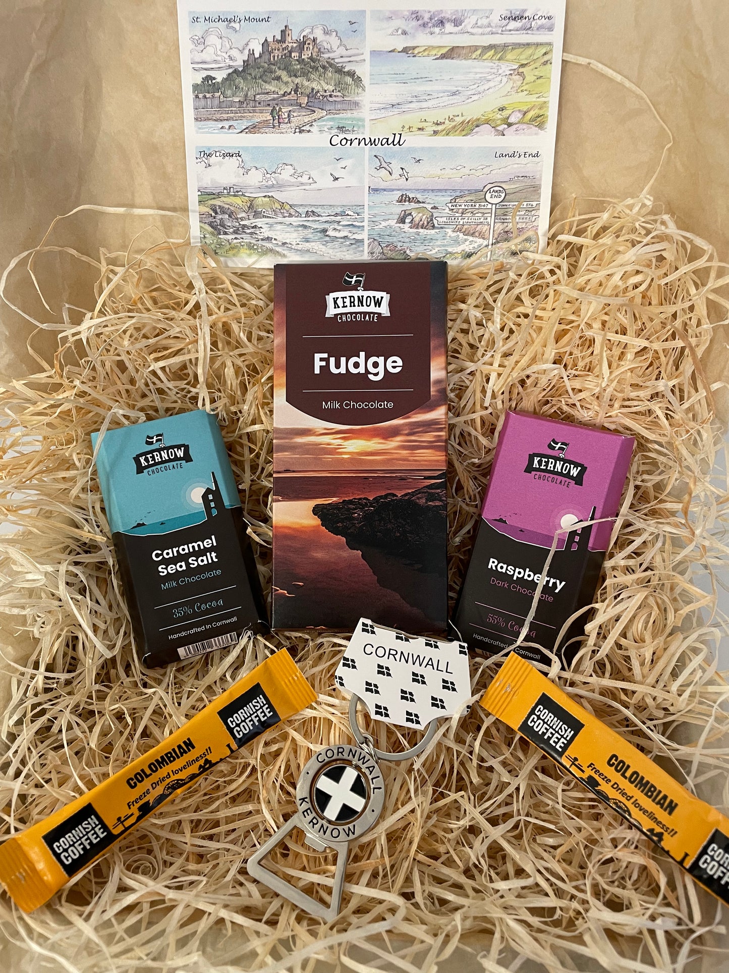 Fudge chocolate with raspberry dark chocolate and caramel sea salt chocolate gift box, with keyring bottle opener