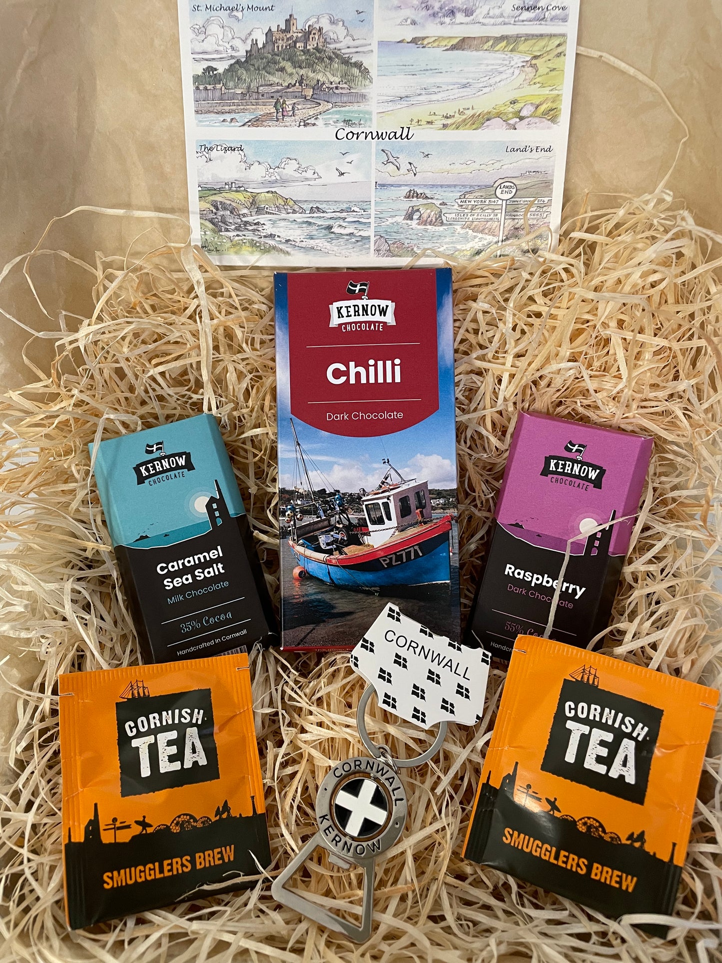 Chilli dark chocolate with raspberry dark chocolate and caramel sea salt chocolate gift box, with keyring bottle opener