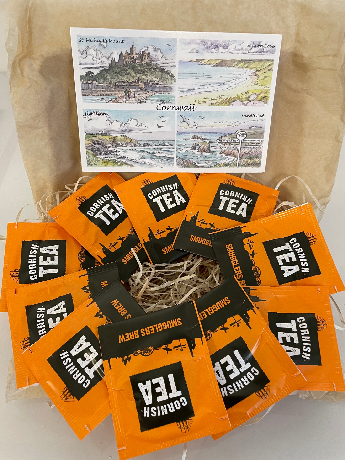 Cornish tea with a personalised Cornwall postcard gift box