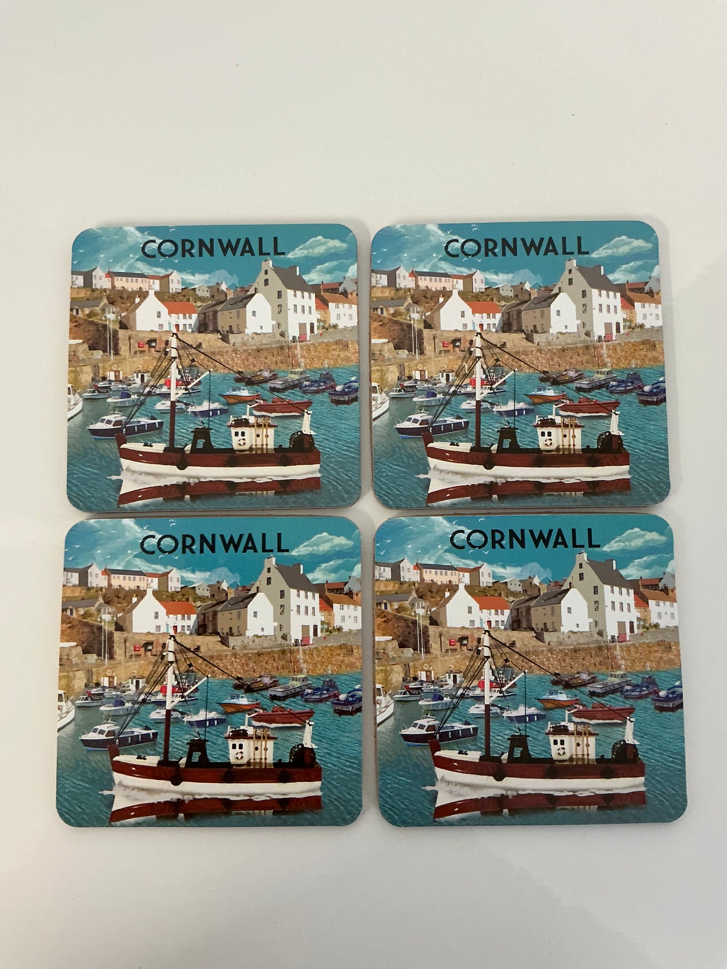 Set of four Cornwall harbour scene coasters