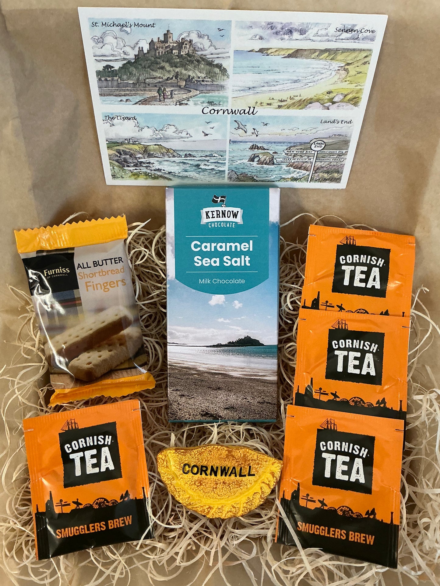 Caramel sea salt chocolate Gift box with shortbread and tea or coffee. Choose your fridge magnet style